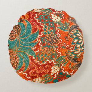 Cojín Redondo Batik Malayo: Hermoso patrón de arte.