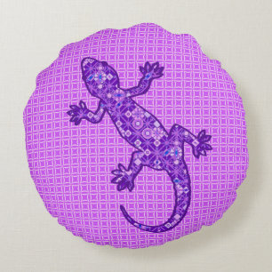 Cojín Redondo batik tribal Gecko - violeta y amatista morado