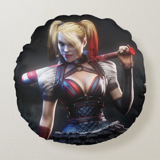 Cojín Redondo Batman Arkham Knight | Harley Quinn con murciélago (Anverso)