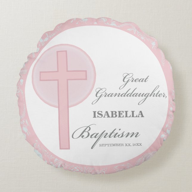 Cojín Redondo Bautismo Gran Nieta Rosa Lace Personalizado (Anverso)