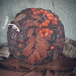 Cojín Redondo Bayas rojas y hojas de otoño marrones