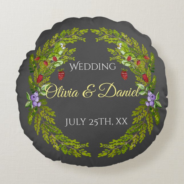 Cojín Redondo Bayas y setas de la selva acuática boda wr (Anverso)