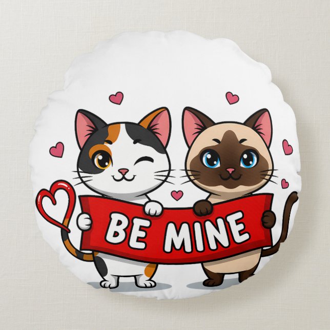 Cojín Redondo BE MINE Valentine's Cats | Cute Kittens with Love (Anverso)