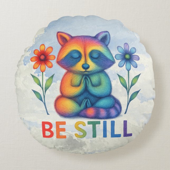 Cojín Redondo Be Still – Meditation & Prayer Rainbow Raccoon (Anverso)