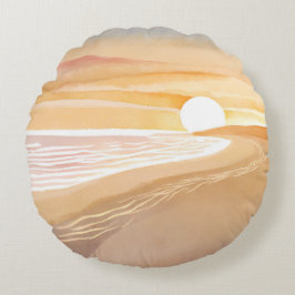 Cojín Redondo Beach Sunset Watercolor | Amarillo hermoso