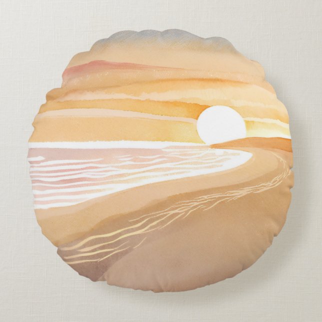 Cojín Redondo Beach Sunset Watercolor | Amarillo hermoso (Anverso)