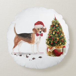 Cojín Redondo Beagle graciosos Navidades perro con árbol