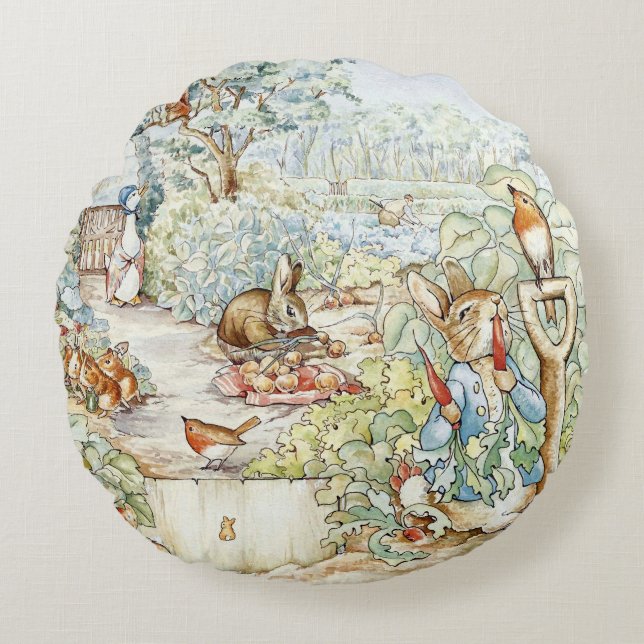 Cojín Redondo Beatrix Potter Storybook Characters Garden (Anverso)