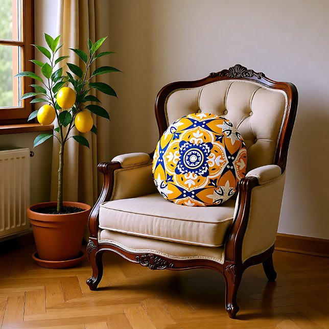 Cojín Redondo 💛💙🤍 Beautiful blue and yellow Azulejos (Beautiful blue and yellow Azulejos Round Pillow)