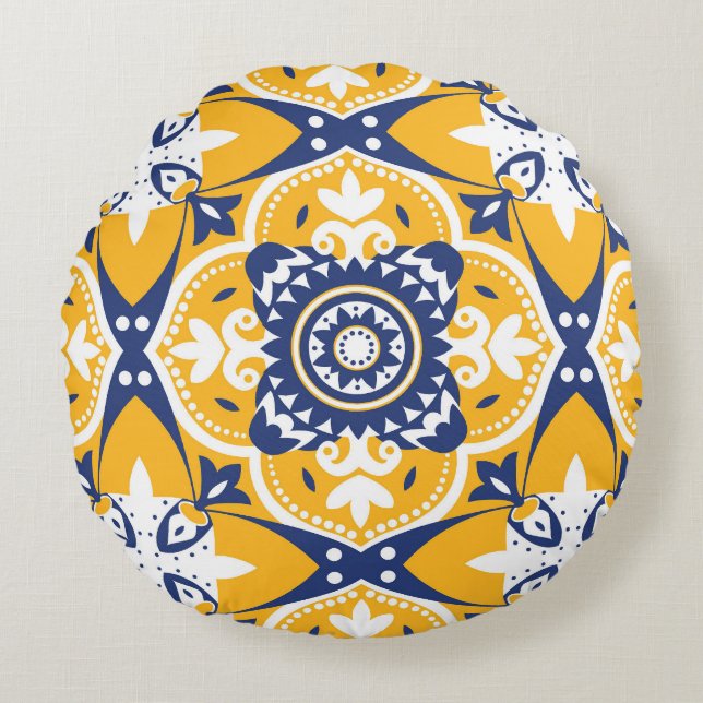 Cojín Redondo 💛💙🤍 Beautiful blue and yellow Azulejos (Anverso)