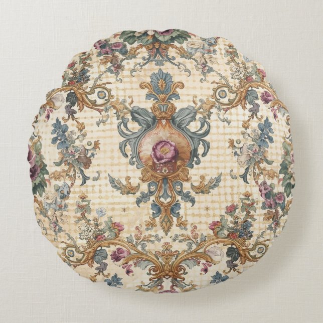 Cojín Redondo Beautiful, Blue Beigi Gold Ornament Flowers (Anverso)