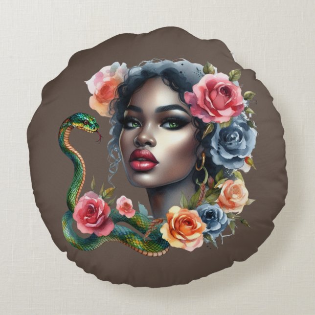 Cojín Redondo beautiful women and snake cushion (Reverso)