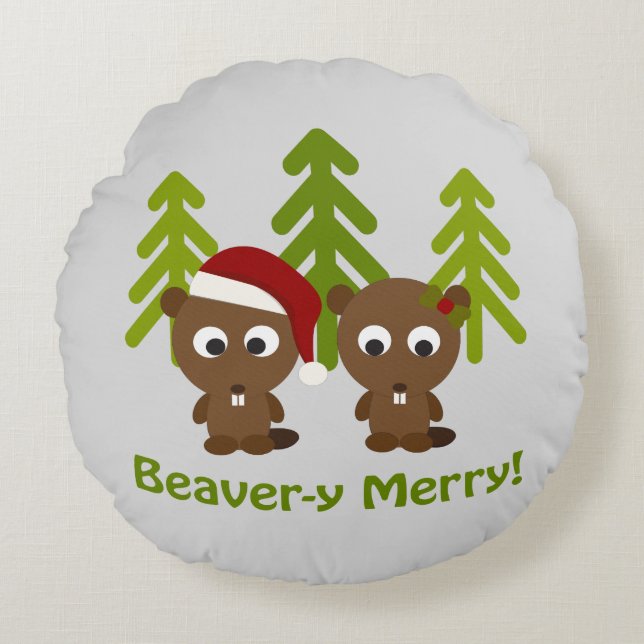 Cojín Redondo Beavery Merry Christmas Bevers (Anverso)