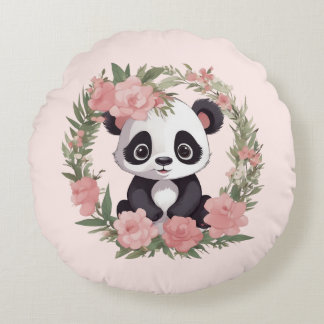 Cojín Redondo Bebé Adorable Panda Bear con Flores