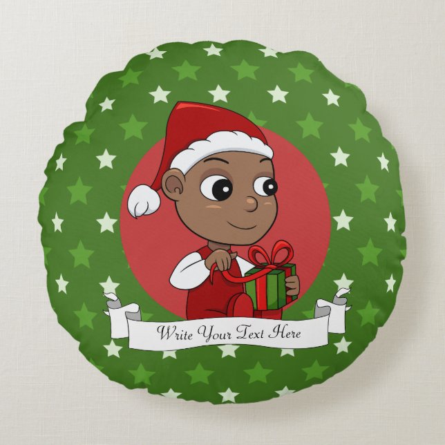 Cojín Redondo Bebé afroamericano con sombrero de Papá Noel (Anverso)