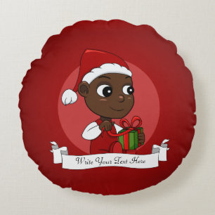 Cojín Redondo Bebé afroamericano lindo con un gorra Navidad