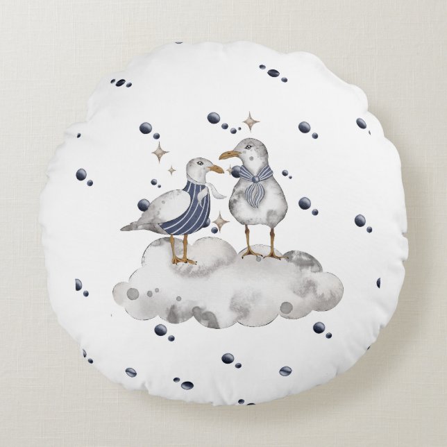 Cojín Redondo Bebé De Aventura De Gaviota - Nursera Náutica (Anverso)