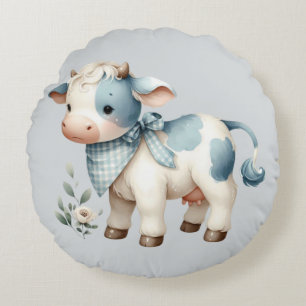 Cojín Redondo Bebé de Gingham Azul Granja Pastel Estética Campes