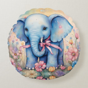 Cojín Redondo Bebé elefante adorable en un jardín pastel