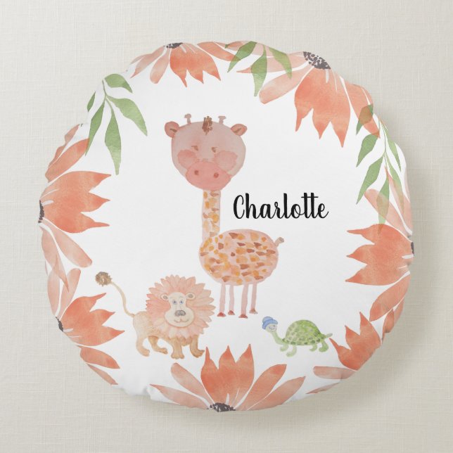 Cojín Redondo Bebé Giraffe Acuarela Monogramado pintado a mano (Anverso)