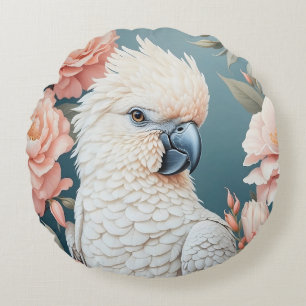 Cojín Redondo Bebé lindo Cockatoo Parrot Flores suaves rosadas