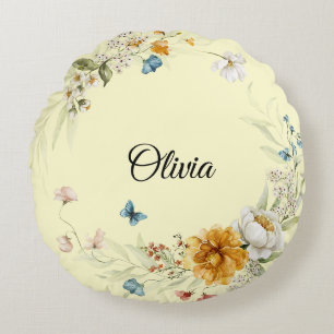 Cojín Redondo Bebé Niña Nursery Decoración Acuarela Floral