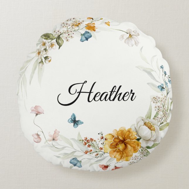 Cojín Redondo Bebé Niña Nursery Decoración Acuarela Floral (Anverso)