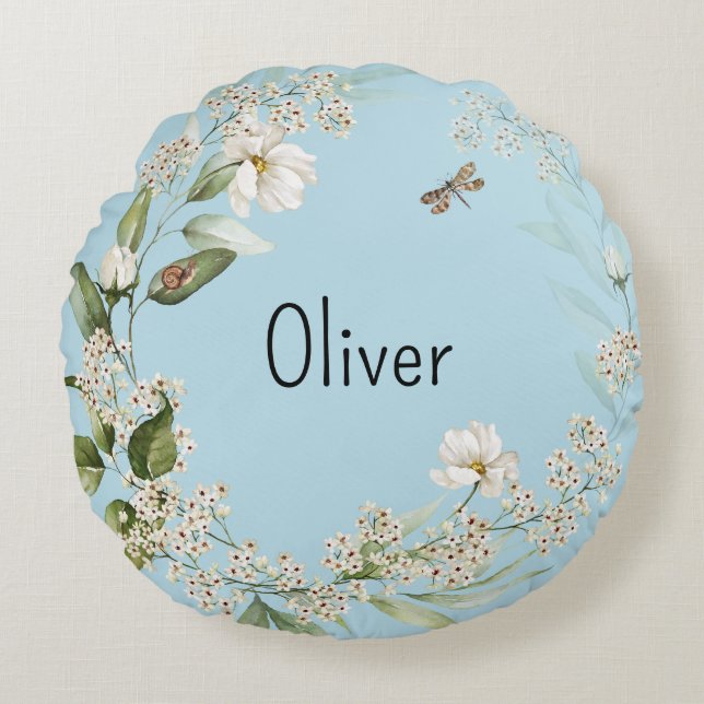 Cojín Redondo Bebé Niño Decoración de guardería Floral acuática (Anverso)