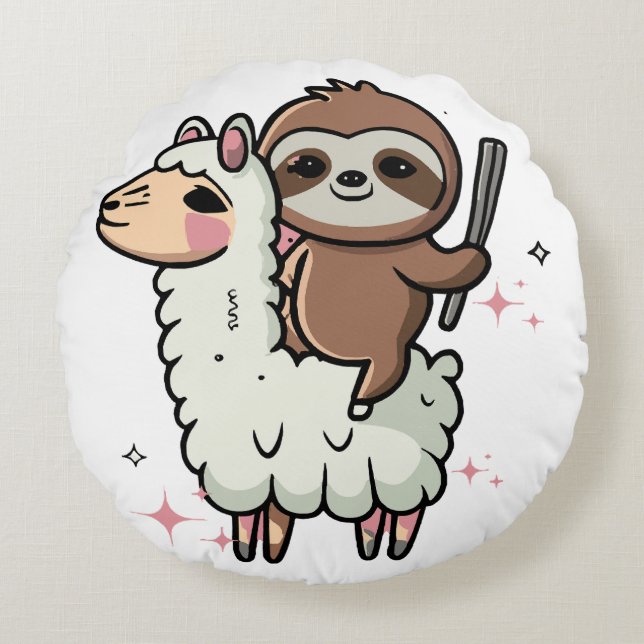 Cojín Redondo Bebé Perezoso y Llama Adorables  (Anverso)