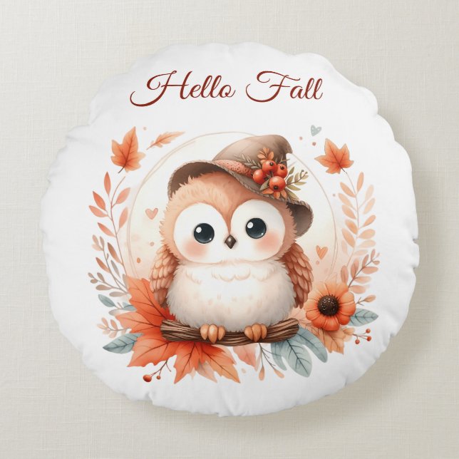 Cojín Redondo Bechuza de otoño sentada en una rama (Anverso)