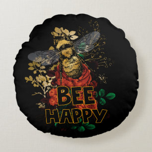 Cojín Redondo Bee Happy Colorful Bee and Flowers
