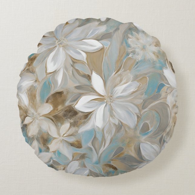 Cojín Redondo Beige Marrón Azul Turquesa Floral (Anverso)