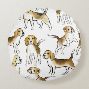 Cojín Redondo Belleza Beagle: Patrón de perro acuarela