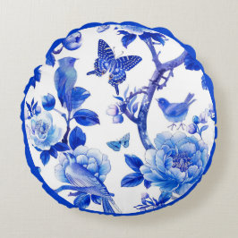 Cojín Redondo Belleza floral azul y blanca