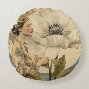 Cojín Redondo Belleza iluminada por la luna - Mujer con flores b