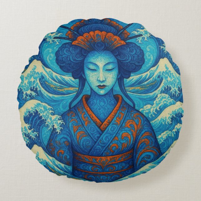 Cojín Redondo Belleza oriental Geisha Kanagawa olas azules (Anverso)