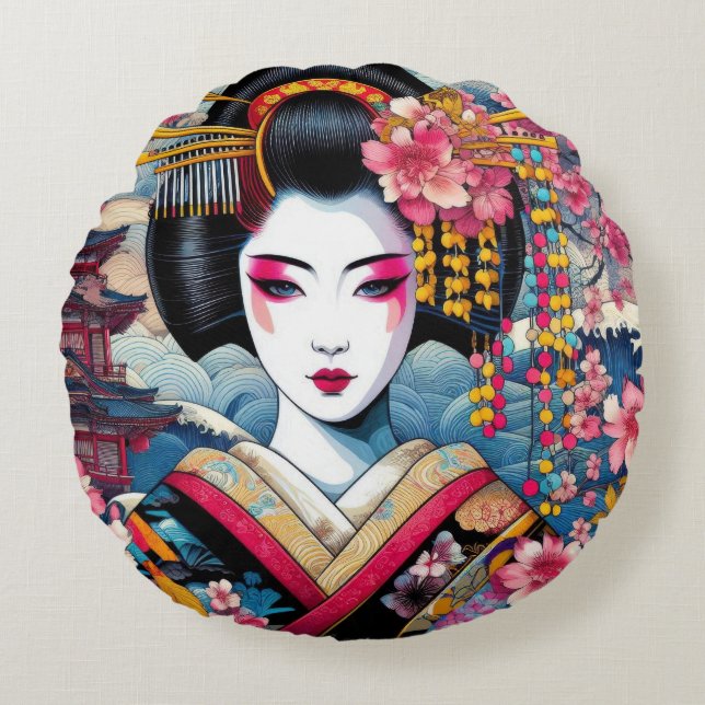 Cojín Redondo Belleza oriental Geisha Maiko sakura flores olas (Anverso)