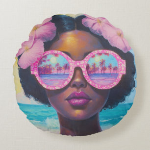 Cojín Redondo Belleza tropical en tonos rosados