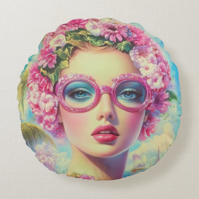 Cojín Redondo Belleza tropical retro (Anverso)