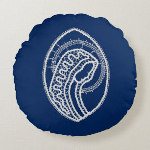 Cojín Redondo Bendita Virgen María, encaje blanco, azul marino