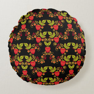 Cojín Redondo Berries rusas de Khokhloma: Estilo tradicional