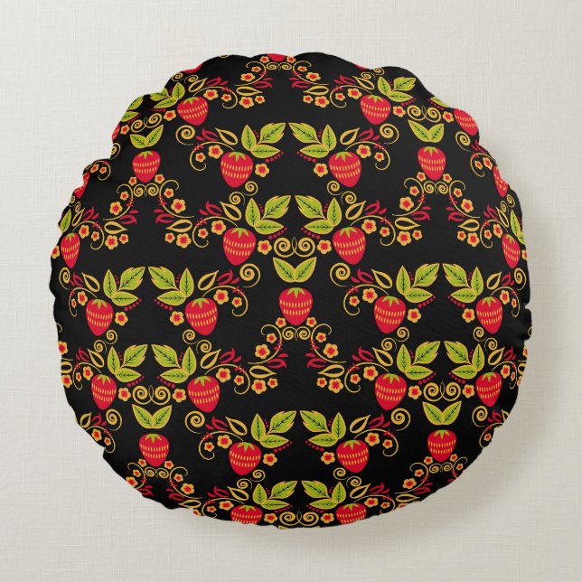 Cojín Redondo Berries rusas de Khokhloma: Estilo tradicional (Anverso)