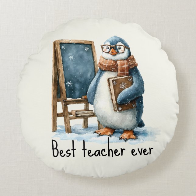 Cojín Redondo Best Teacher Ever Winter Penguin Design (Anverso)