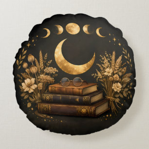 Cojín Redondo Biblioteca Mística Dorada & Arte Boho de Luna Botá