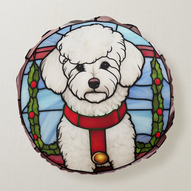 Cojín Redondo Bichon Frise Vidrio Pintado Navidad (Reverso)