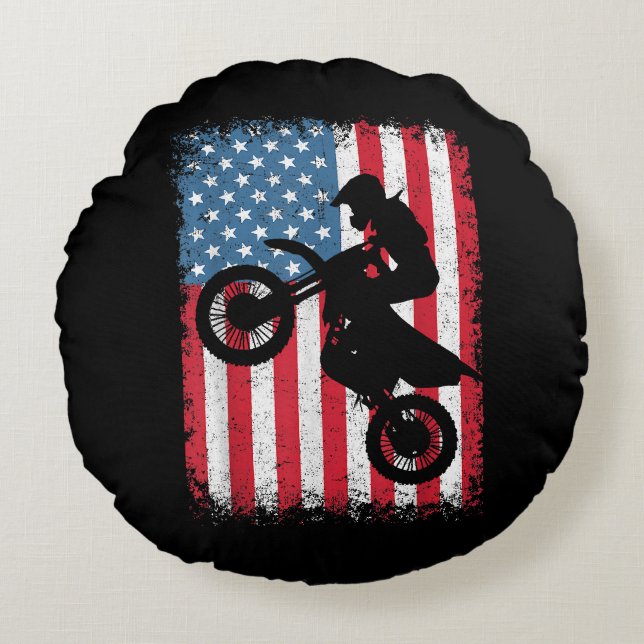 Cojín Redondo Bicicleta Sucia Bandera Estadounidense Motocross B (Anverso)