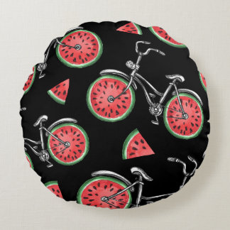 Cojín Redondo Bicicletas con ruedas de sandía, patrón de verano.