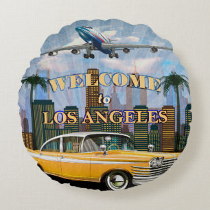 Cojín Redondo Bienvenidos al poster retro de Los Ángeles.
