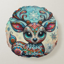 Cojín Redondo Big Eye Christmas Reindeer Folk Art Personalized