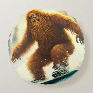 Cojín Redondo Bigfoot despeinado haciendo snowboard AI Yeti pend